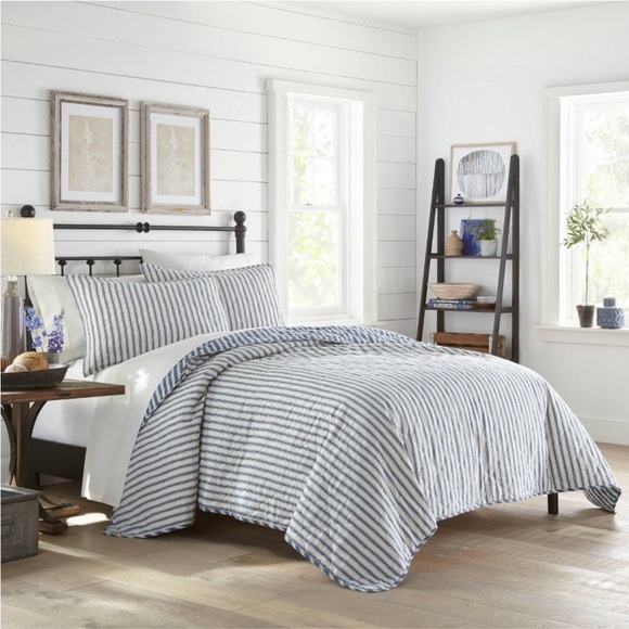STONE COTTAGE NWT willow way ticking stripe quilt & sham set -navy/white -twin - Picture 1 of 12